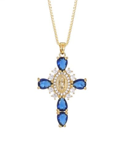Shiny Zircon Gold Virgin Mary Cross Necklace Pendant