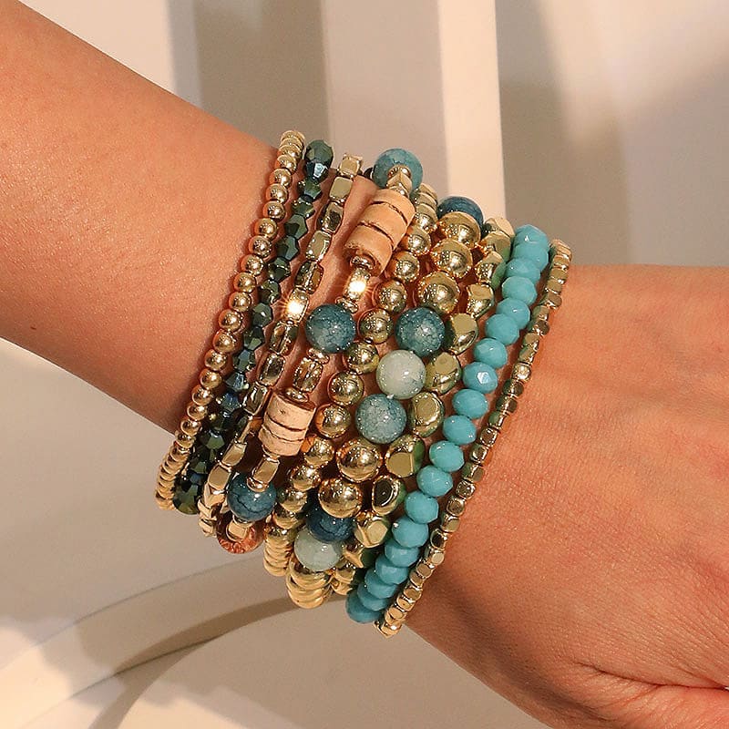 Blue Stackable Boho Beaded Bracelets 9-Piece Set