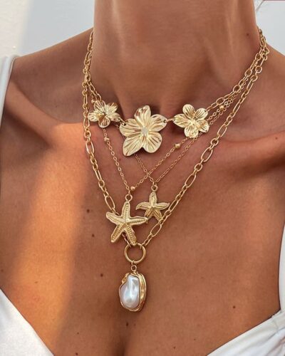 Bohemian Layered Flower Pearl Starfish Necklace Hawaii Style