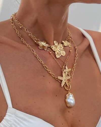 Bohemian Layered Flower Pearl Starfish Necklace Hawaii Style