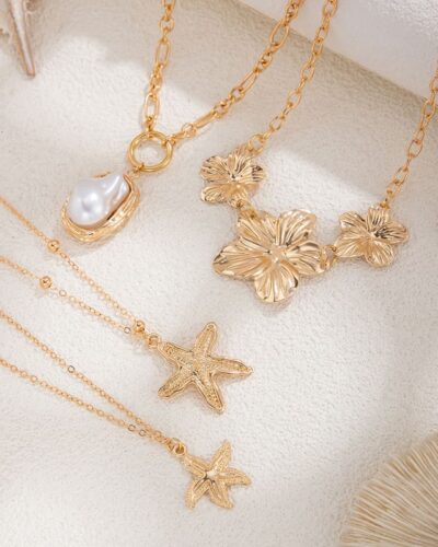 Bohemian Layered Flower Pearl Starfish Necklace Hawaii Style