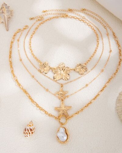 Bohemian Layered Flower Pearl Starfish Necklace Hawaii Style