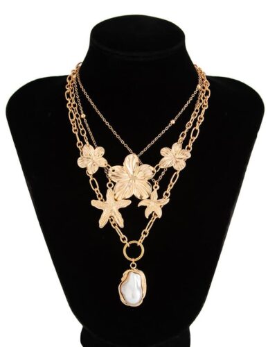 Bohemian Layered Flower Pearl Starfish Necklace Hawaii Style