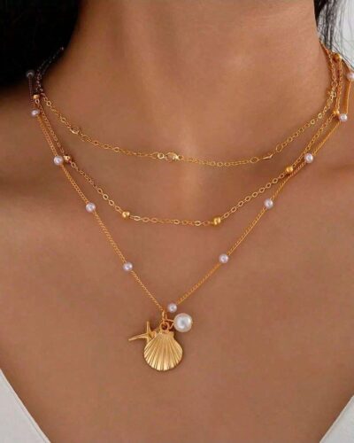 Alternative view of Bohemian Multi-Layer Gold Pearl Shell Necklace for Women
