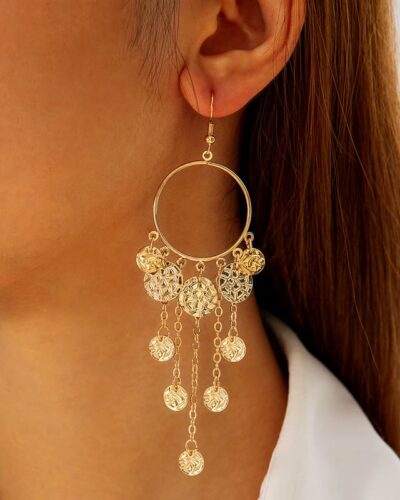 Boho Retro Ethnic Style Hoop Drop Earrings Gold
