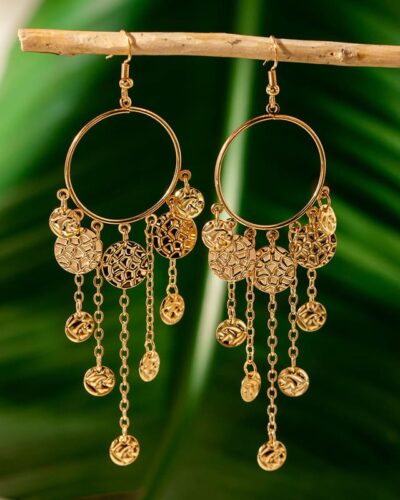 Boho Retro Ethnic Style Hoop Drop Earrings Gold