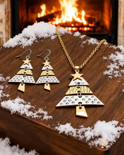 Bold Bicolor Christmas Tree Dangle Earrings Necklace Set