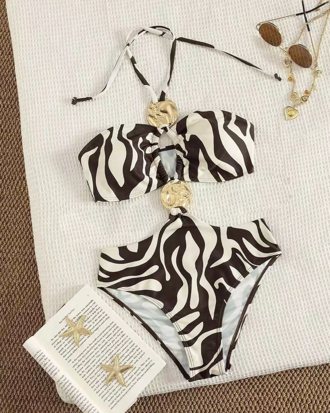 Bold Unique Design Zebra Print Halter One Piece Swimsuit Summer Beach Music Festival