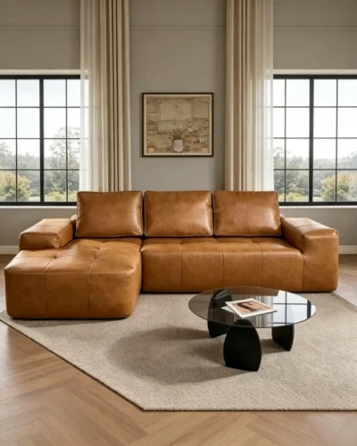 Brown Faux Leather Sectional Sofa for Living Room