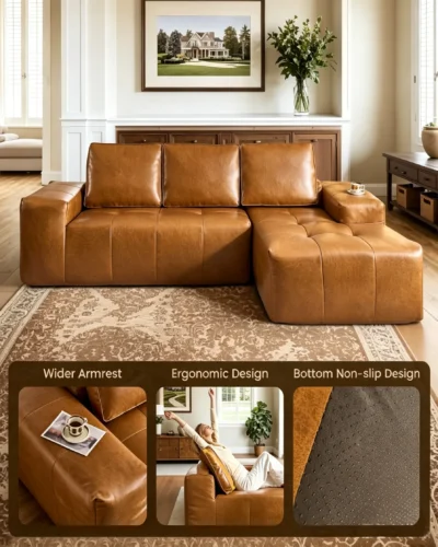 Brown Faux Leather Sectional Sofa for Living Room 14