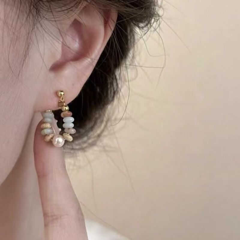 Chic Crystal Stones Beaded Pearl Hoop Earring Boho
