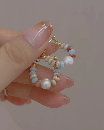 Chic Crystal Stones Beaded Pearl Hoop Earring Boho