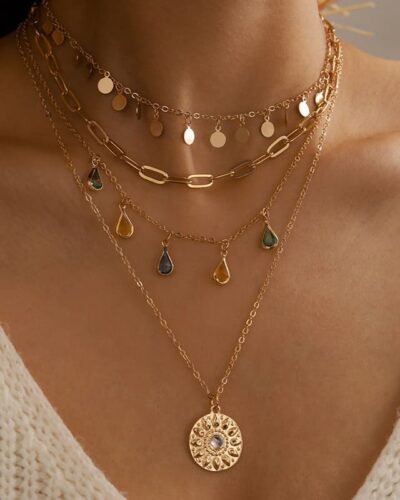 Chic Stackable 4-Layered Charm Necklace Rhinestone Coin Pendant