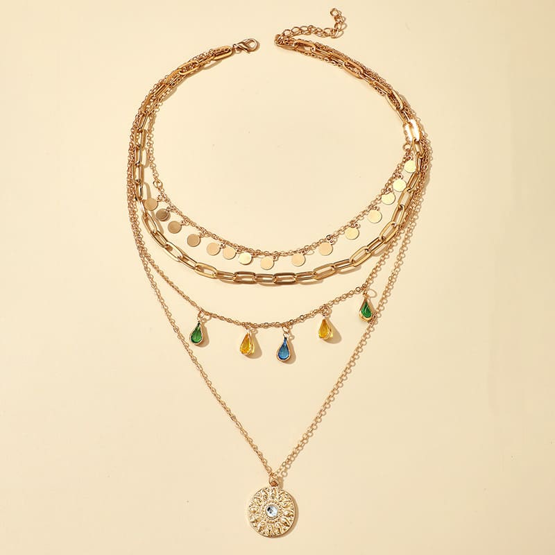 Chic Stackable 4-Layered Charm Necklace Rhinestone Coin Pendant