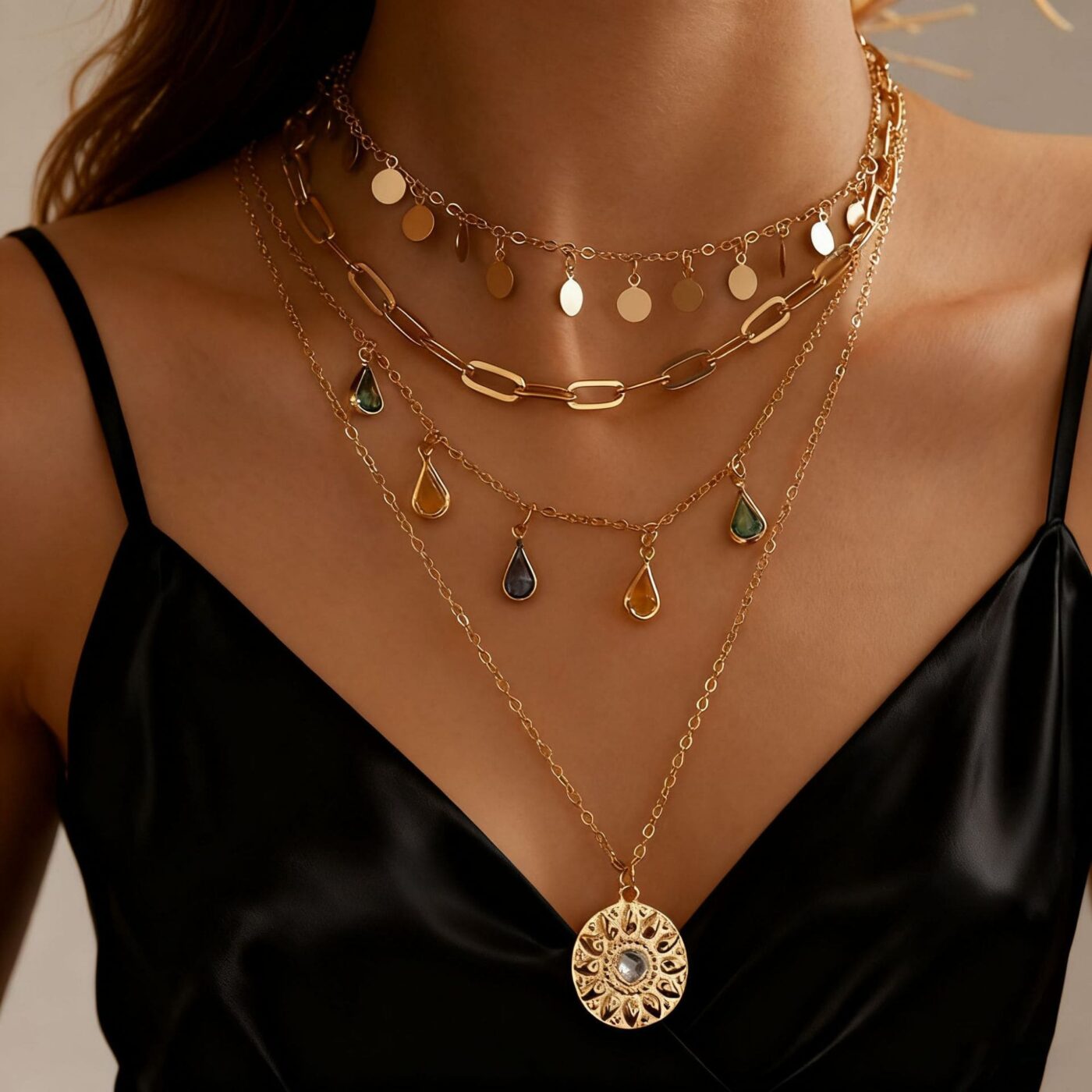 Chic Stackable 4 Layered Charm Necklace Rhinestone Coin Pendant 2