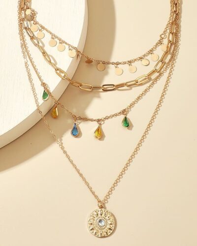 Chic Stackable 4-Layered Charm Necklace Rhinestone Coin Pendant