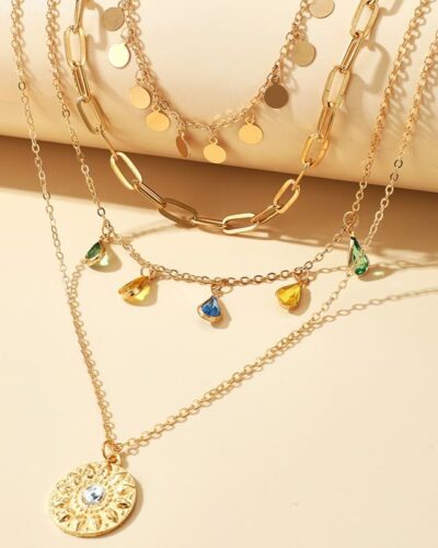 Chic Stackable 4-Layered Charm Necklace Rhinestone Coin Pendant