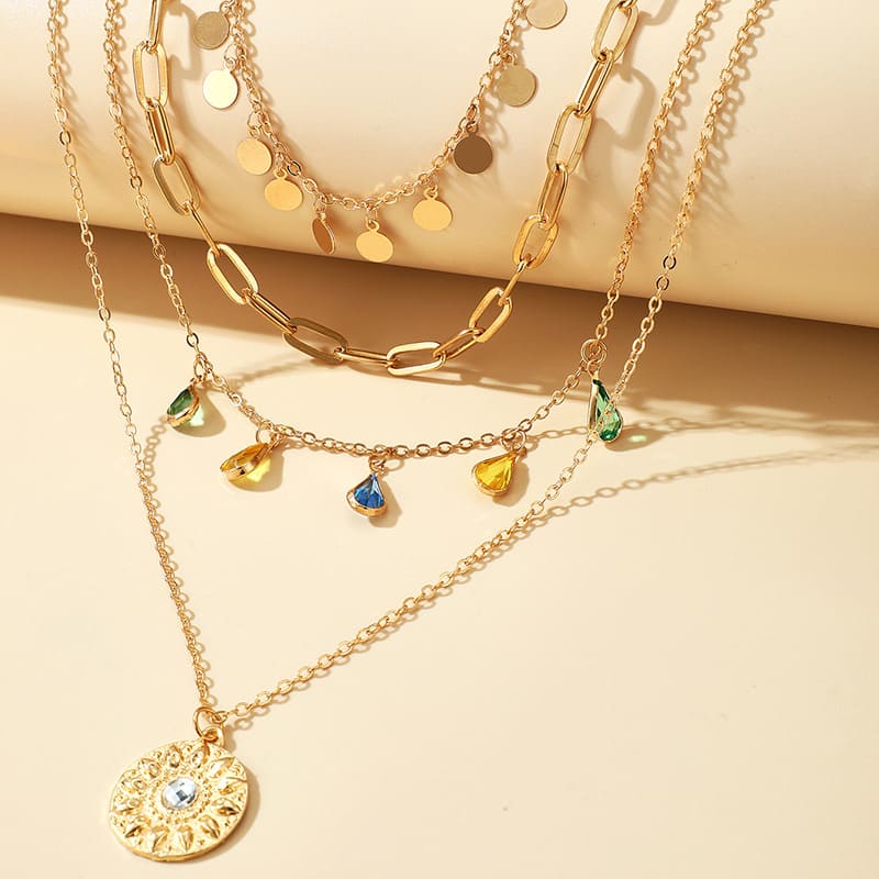 Chic Stackable 4-Layered Charm Necklace Rhinestone Coin Pendant