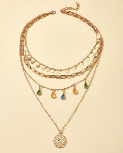 Chic Stackable 4-Layered Charm Necklace Rhinestone Coin Pendant