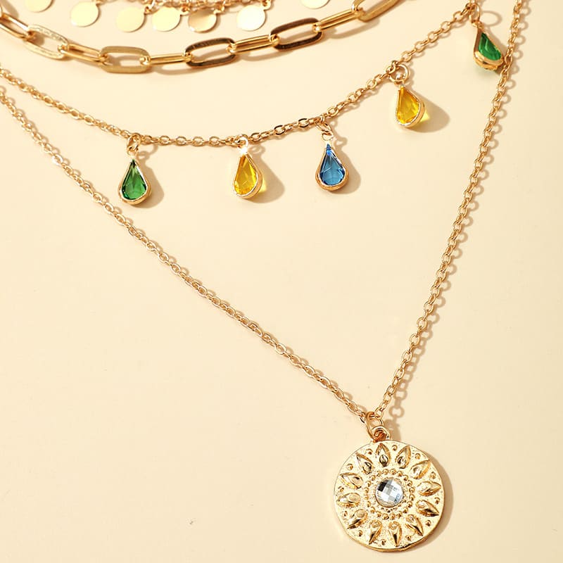 Chic Stackable 4-Layered Charm Necklace Rhinestone Coin Pendant