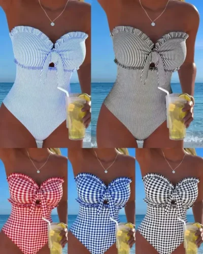 Chic Stripe Ruffle Strapless One-Piece Swimsuit Women's Summer Beachwear