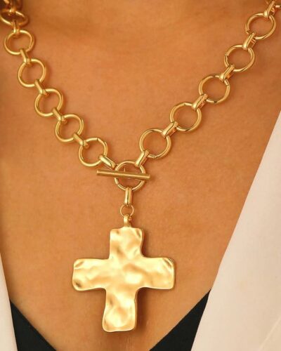 Chunky Stainless Steel Gold Cross Necklace OT Buckle