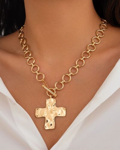 Chunky Stainless Steel Gold Cross Necklace OT Buckle