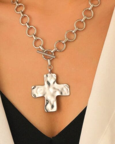 Chunky Stainless Steel Gold Cross Necklace OT Buckle