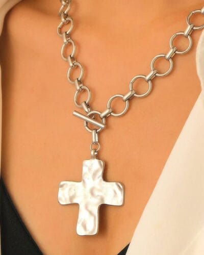 Chunky Stainless Steel Gold Cross Necklace OT Buckle