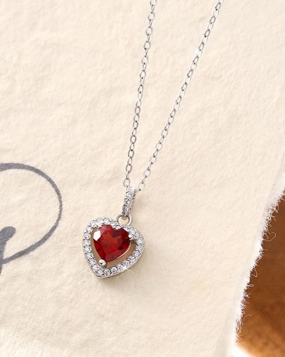 Classic 925 Sterling Silver Garnet Heart Necklace with Cubic Zircon
