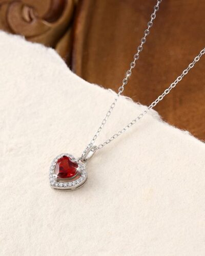 Classic 925 Sterling Silver Garnet Heart Necklace with Cubic Zircon