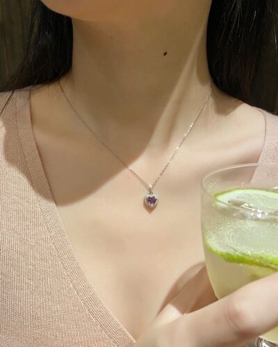 Classic 925 Sterling Silver Garnet Heart Necklace with Cubic Zircon