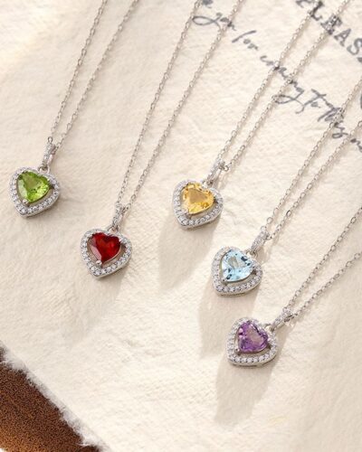 Classic 925 Sterling Silver Garnet Heart Necklace with Cubic Zircon