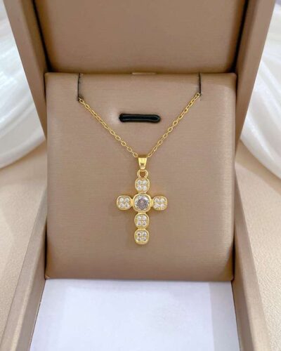 Cross Copper Necklace with Zircon Pendant