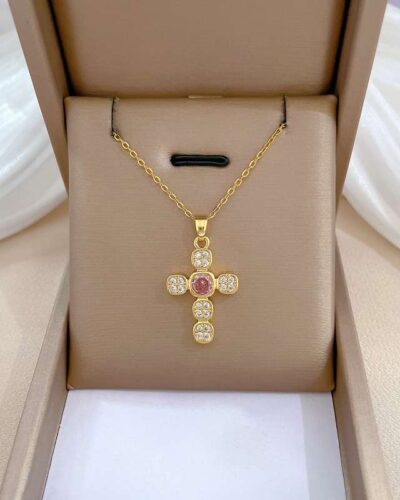 Cross Copper Necklace with Zircon Pendant