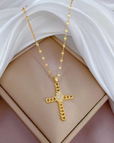 Cross Copper Necklace with Zircon Pendant