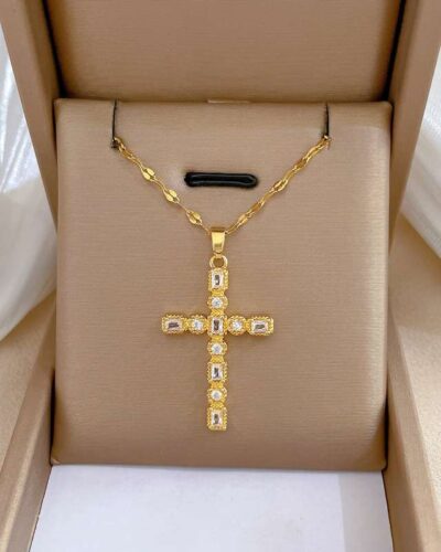 Cross Copper Necklace with Zircon Pendant