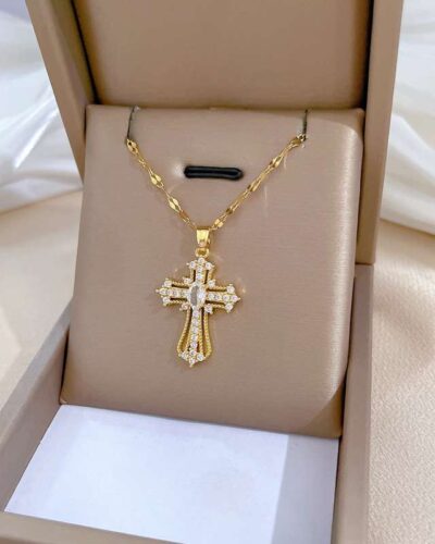 Cross Copper Necklace with Zircon Pendant