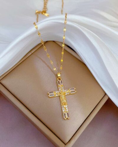 Cross Copper Necklace with Zircon Pendant