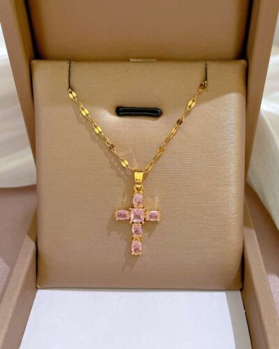 Cross Copper Necklace with Zircon Pendant