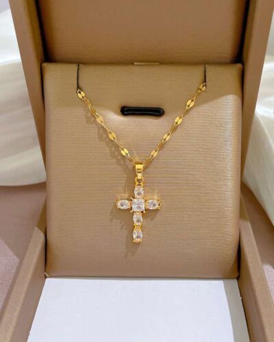 Cross Copper Necklace with Zircon Pendant