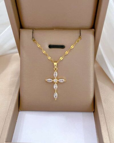 Cross Copper Necklace with Zircon Pendant