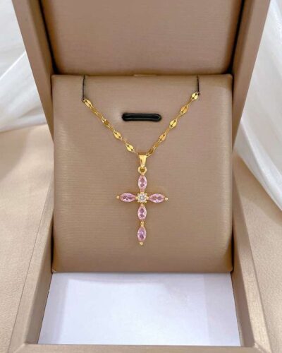 Cross Copper Necklace with Zircon Pendant