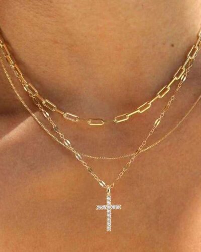Stainless Steel Layered Necklace with Cross for Women