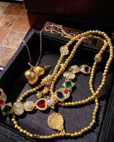 Cubic Zirconia Bead Chain Vintage Gold Plated Necklace