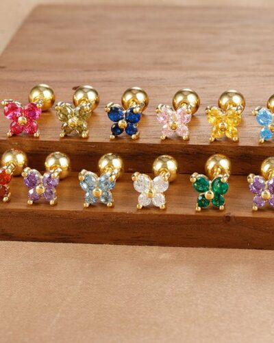 Cute Colorful Zircon Gold Butterfly Birthstone Stud Earrings