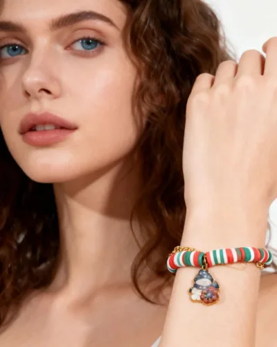 Cute Stainless Steel Pendant Christmas Clay Beads Bracelet