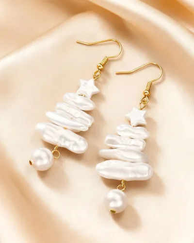 Alternative view of Cute Star White Christmas Tree Earrings for Lady