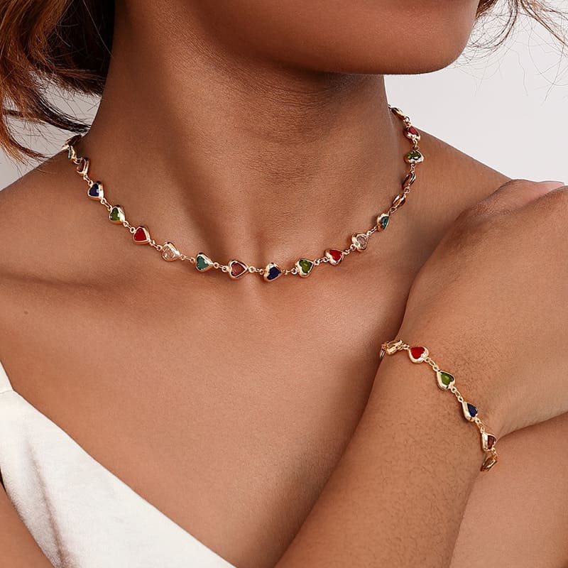 Dainty Colorful Metallic Vintage Heart Necklace Bracelet