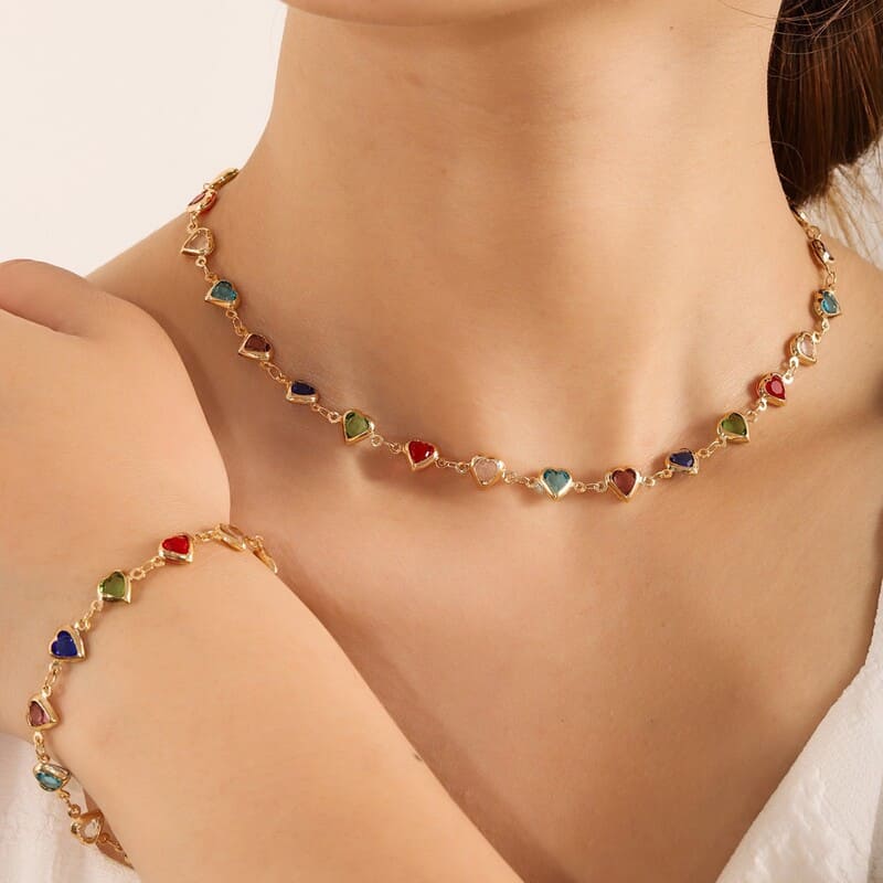 Dainty Colorful Metallic Vintage Heart Necklace Bracelet